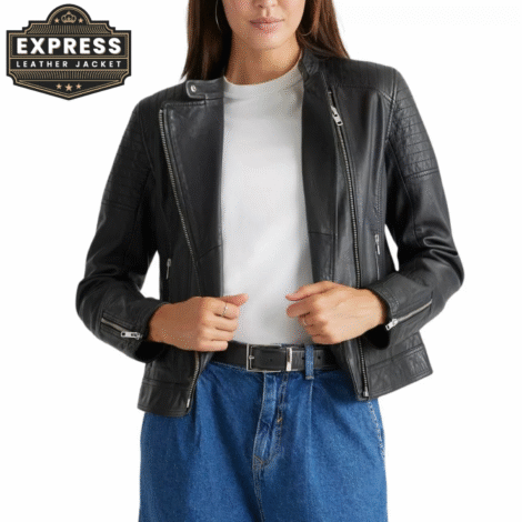 Women’s Black Cafe Racer Leather Jacket with Quilted Shoulders
